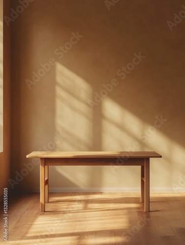 A minimalist wooden table stands against a softly lit wall, with shadows creating an inviting atmosphere in a tranquil space.