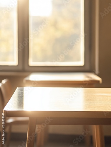 A serene interior scene featuring wooden tables bathed in soft sunlight, with a view outside through large windows.