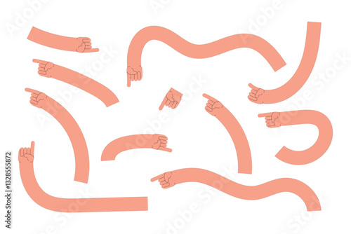 Comic flexible hands. Long color arms, curved limbs holding different elements, various finger gestures, signs and symbols. Thumb finger up and ok. Tidy vector cartoon flat isolated set in eps 10.