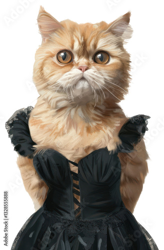 PNG A female orange persian shorthair cat wearing a spaghetti strap dress black dress as in painting Madame X by Singer Sargent animal human cute.