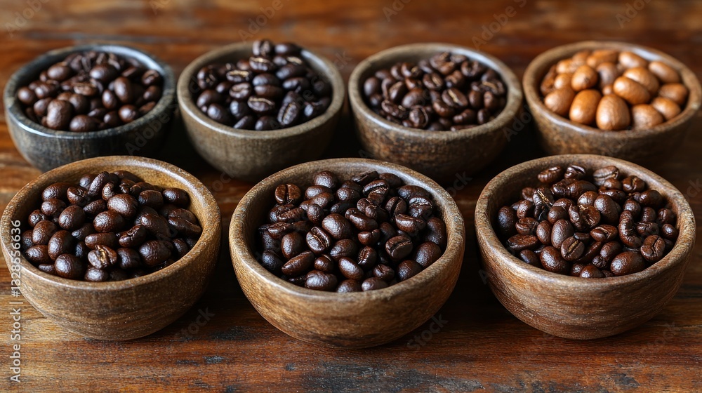 Fototapeta premium Variety of coffee beans in small wooden bowls