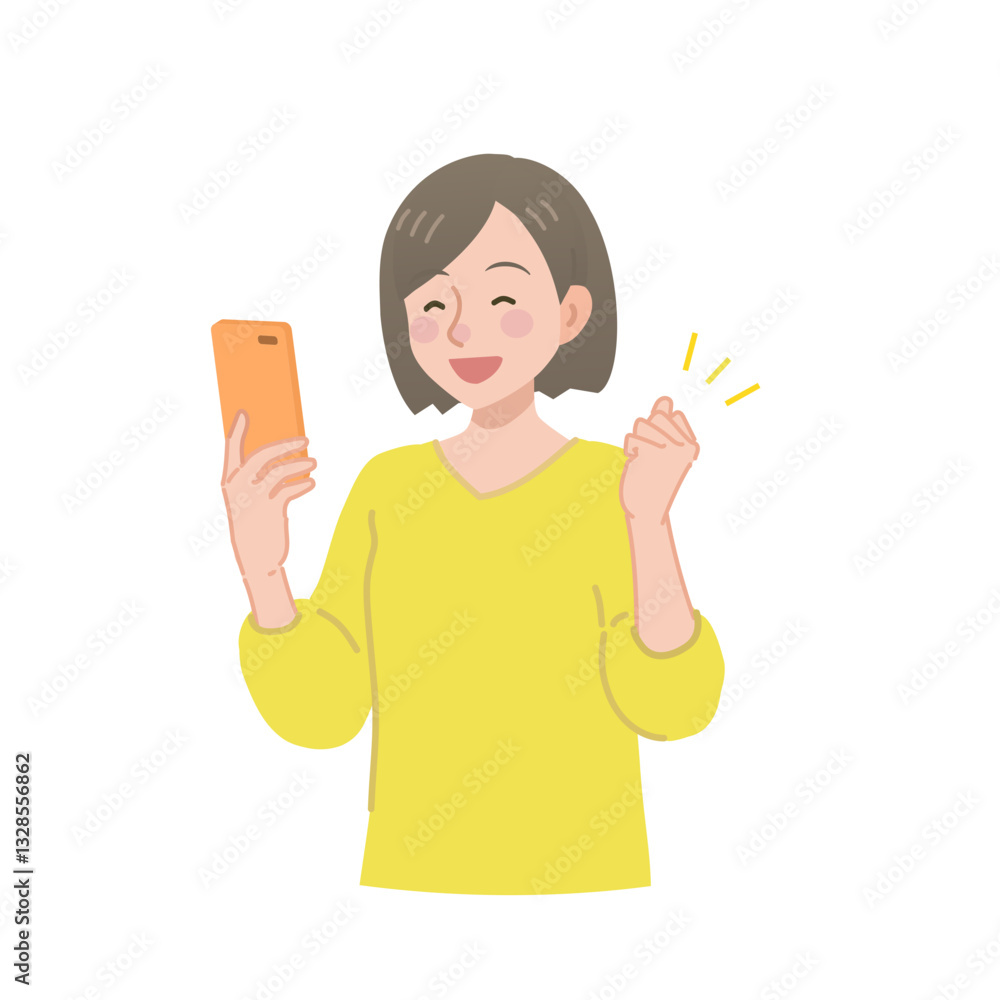 スマホを持ってガッツポーズをする女性