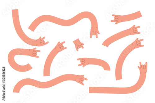 Comic flexible hands. Long color arms, curved limbs holding different elements, various finger gestures, signs and symbols. Thumb finger up and ok. Tidy vector cartoon flat isolated set in eps 10.