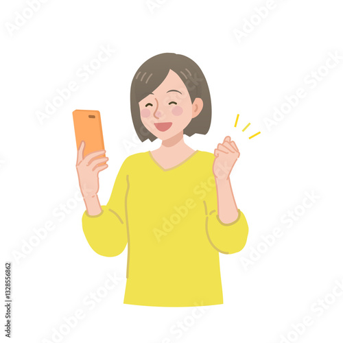 スマホを持ってガッツポーズをする女性