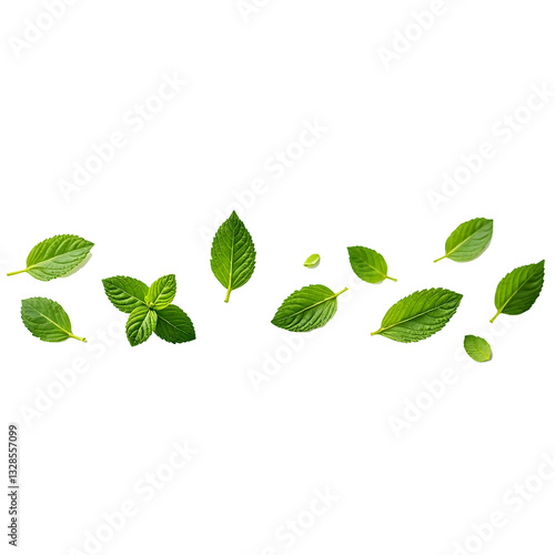 Fresh mint leaves arranged artistically, showcasing their vibrant green color and unique leaf shapes. Ideal for culinary, health, and beverage themes. Isolated on white or transparent png.
