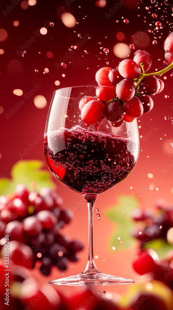 Red Wine and Grapes: An artistic presentation of red wine in a transparent glass, surrounded by vibrant red grapes, evoking a sense of luxury and indulgence. Red Wine and Grapes: An artistic presentation of red wine in a transparent glass, surrounded by vibrant red grapes, evoking a sense of luxury and indulgence.