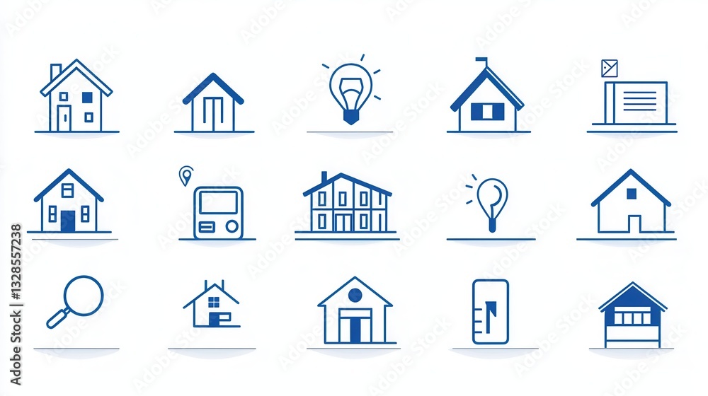 This image depicts a collection of contemporary minimalist icons representing various aspects of the real estate industry such as residential and commercial buildings This image depicts a collection of contemporary minimalist icons representing various aspects of the real estate industry such as residential and commercial buildings