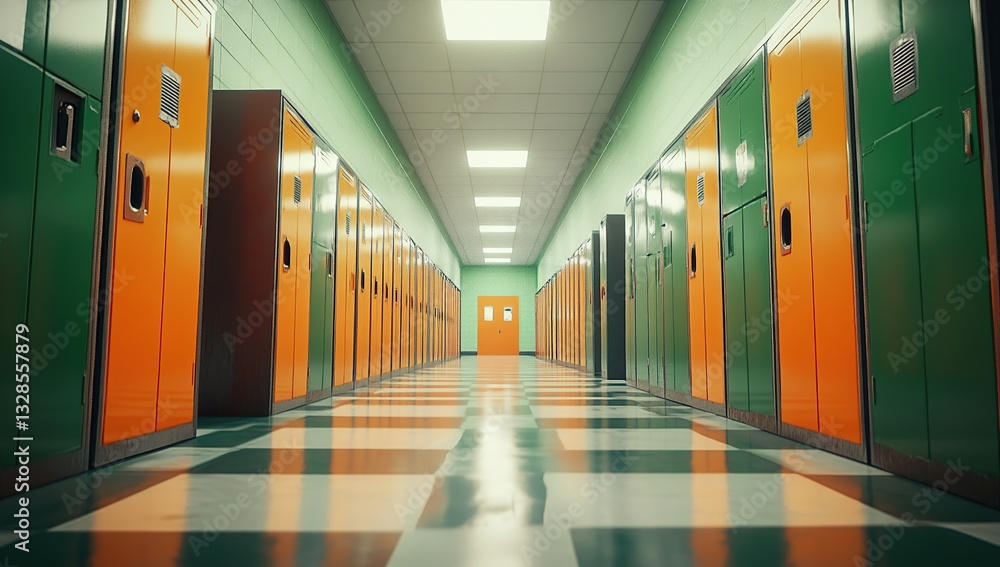 Fototapeta premium Exploring Colorful School Hallways: Rows of Green and Orange Lockers Reflecting Light, Creating a Vivid and Memorable Educational Setting.