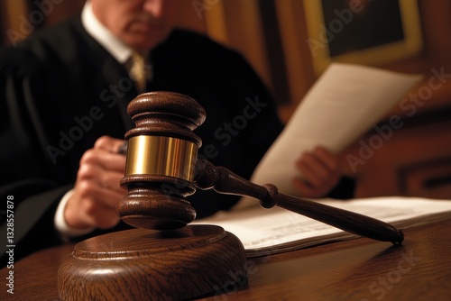 Judge reviews documents in courtroom with wooden gavel in foreground, symbolizing justice.
