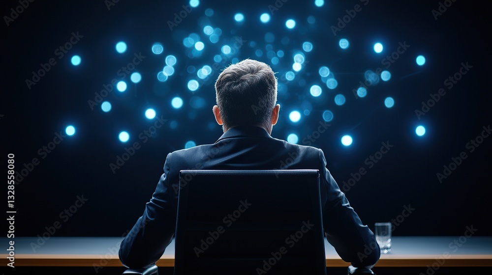 Fototapeta premium A person in a suit sits at a desk, facing a backdrop of glowing blue lights.