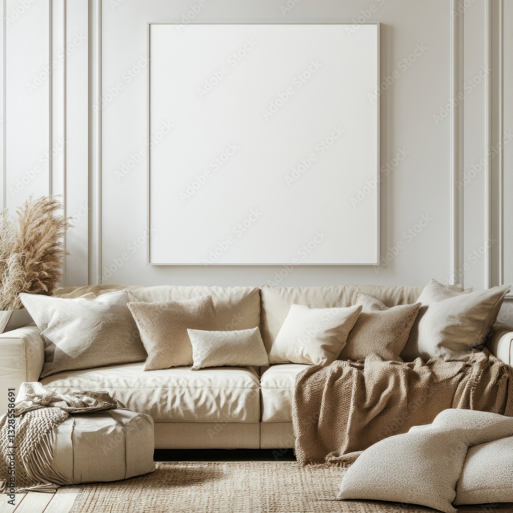 Naklejka premium Mockup of a beige sofa with pillows and blanket in a minimalist living room with a large empty frame on the wall.