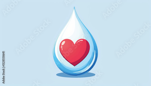 Water drop with heart symbol on light blue background