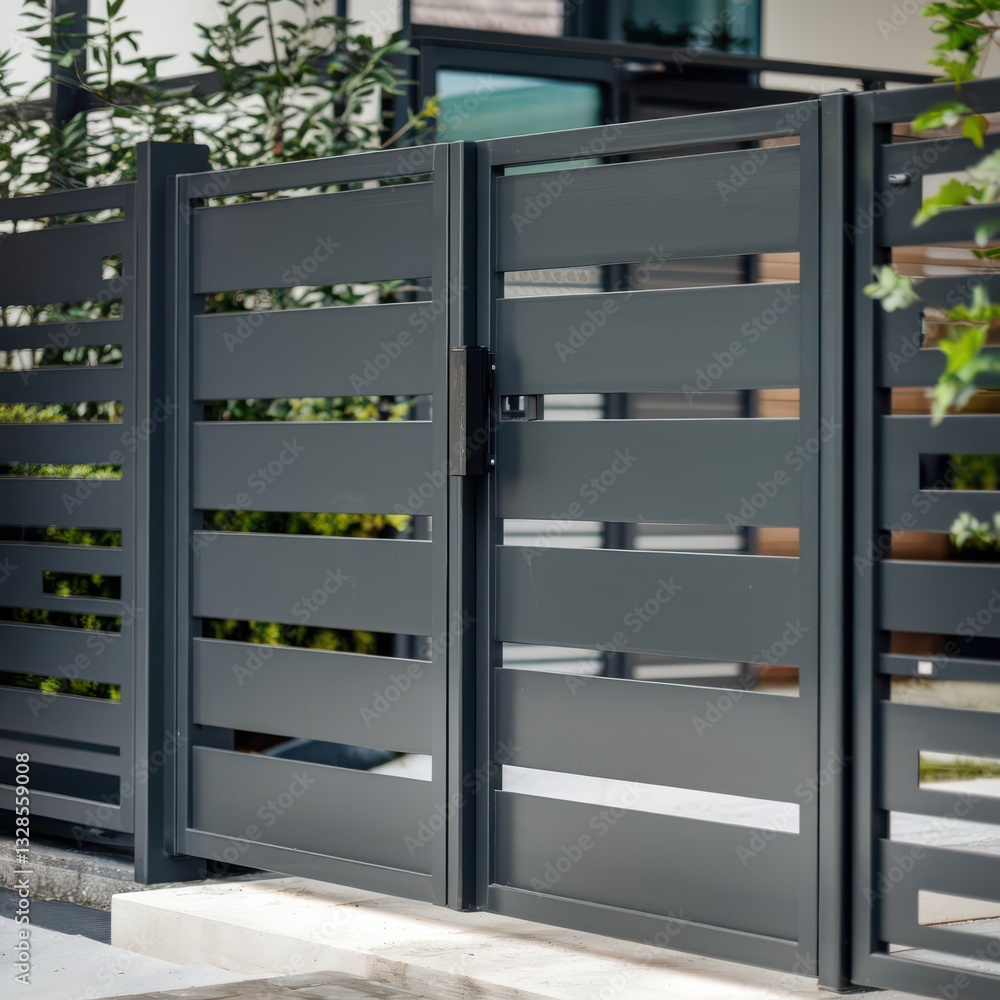 Modern Metal and Glass Gate with Horizontal Slats for Contemporary Homes Modern Metal and Glass Gate with Horizontal Slats for Contemporary Homes