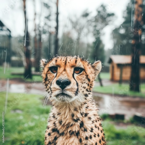 A cheetah in the rain, looking pensive.  A wild animal in a natural setting