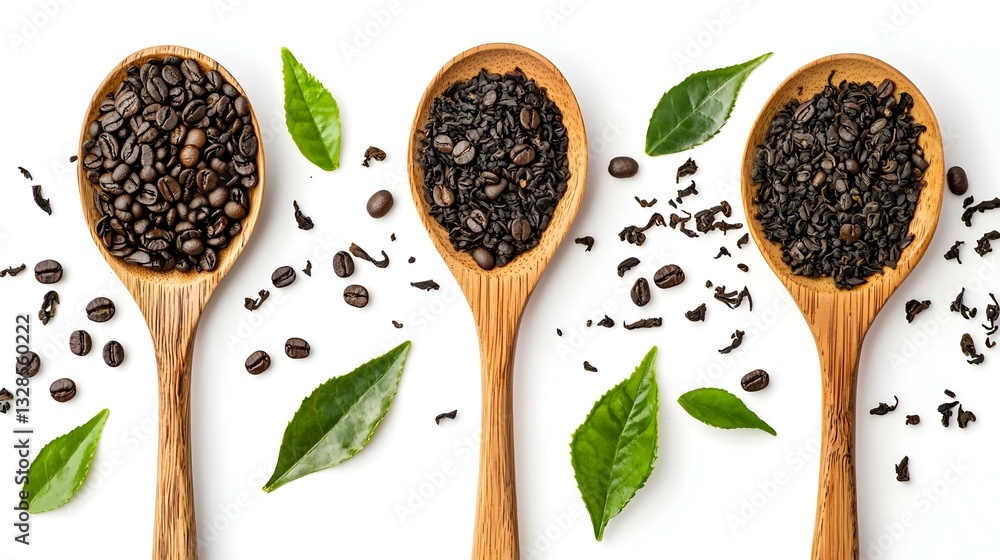 Coffee bean and tea leaves top view with wooden