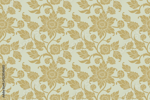 Seamless traditional Thai art floral pattern in damask style motifs suitable for wallpaper, curtain, cloth, textile, tile, blanket and fabric design isolated illustration vector.