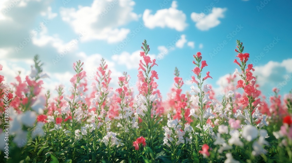 A vibrant field of colorful flowers under a bright blue sky, showcasing pink and white blooms against a serene backdrop. A vibrant field of colorful flowers under a bright blue sky, showcasing pink and white blooms against a serene backdrop.