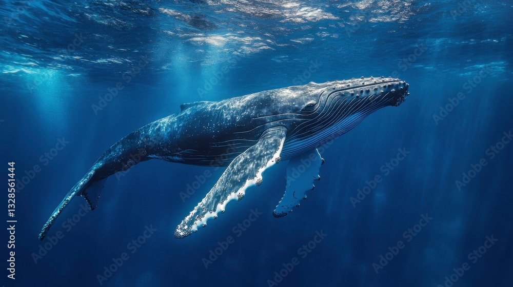 Fototapeta premium A majestic humpback whale swims gracefully underwater, showcasing its massive size and beautiful features in a serene ocean environment.