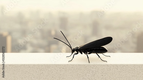 An insect silhouette against a backdrop of a city skyline, symbolizing the hidden life thriving within urban settings. photo