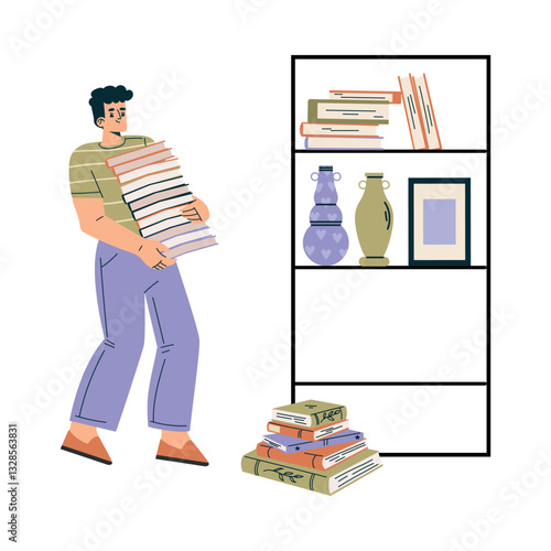 Weekend Market with Man Character Buy Books Vector Illustration