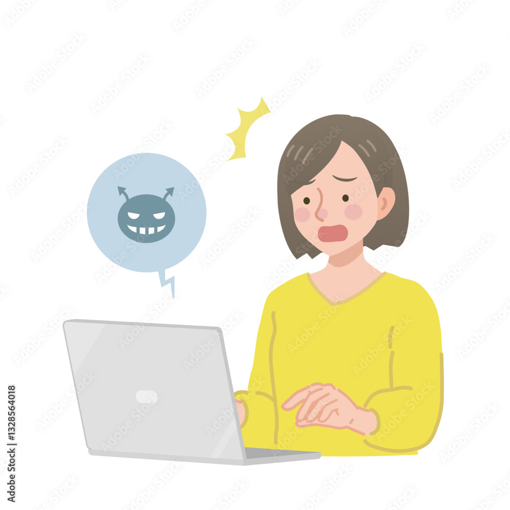 パソコンを見てショックを受ける女性