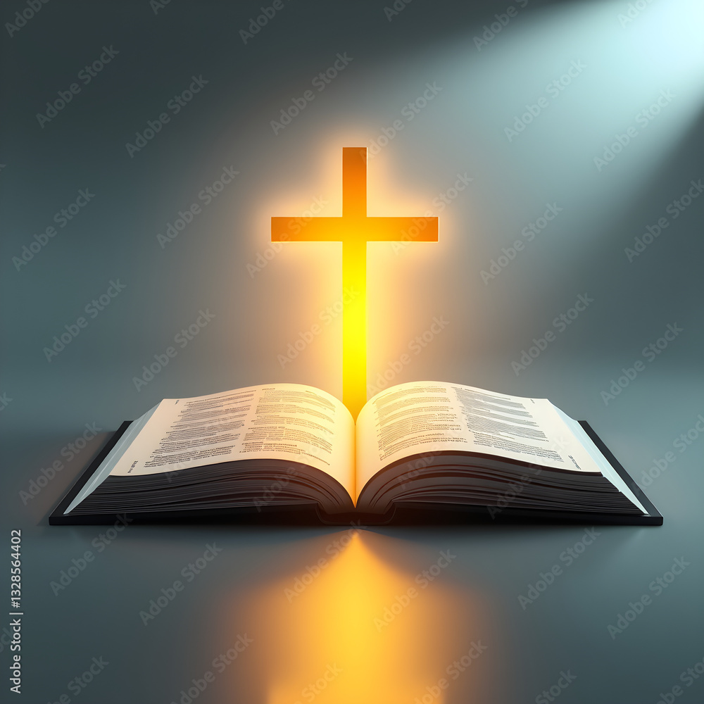 Illustration of an open Bible with a radiant glowing cross positioned above it, beautifully symbolizing the significance of Easter Sunday Illustration of an open Bible with a radiant glowing cross positioned above it, beautifully symbolizing the significance of Easter Sunday