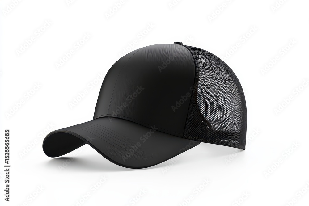 Fototapeta premium Sleek black trucker cap with mesh back on white background.