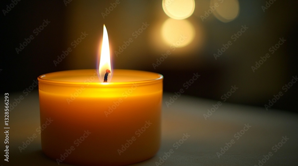 Single lit candle in amber glass jar on table, soft background lights. Single lit candle in amber glass jar on table, soft background lights.