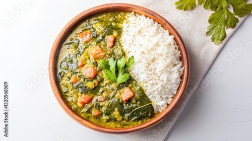 Authentic bowl of congolese saka saka cassava leaves stew on a table ready to be enjoyed with rice