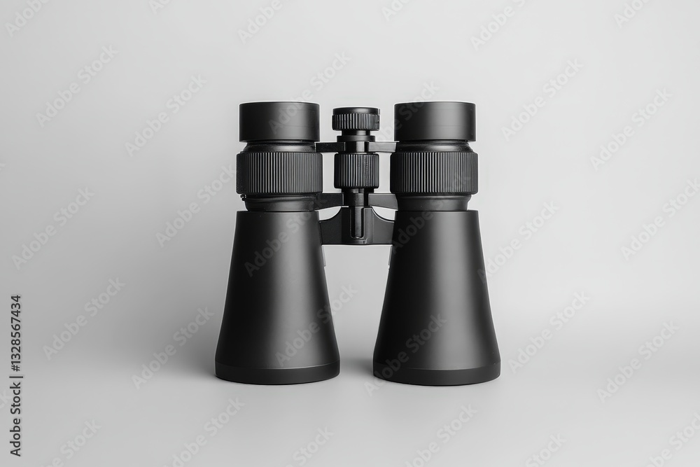 Black Binoculars Resting On A Plain Grey Background Surface Black Binoculars Resting On A Plain Grey Background Surface
