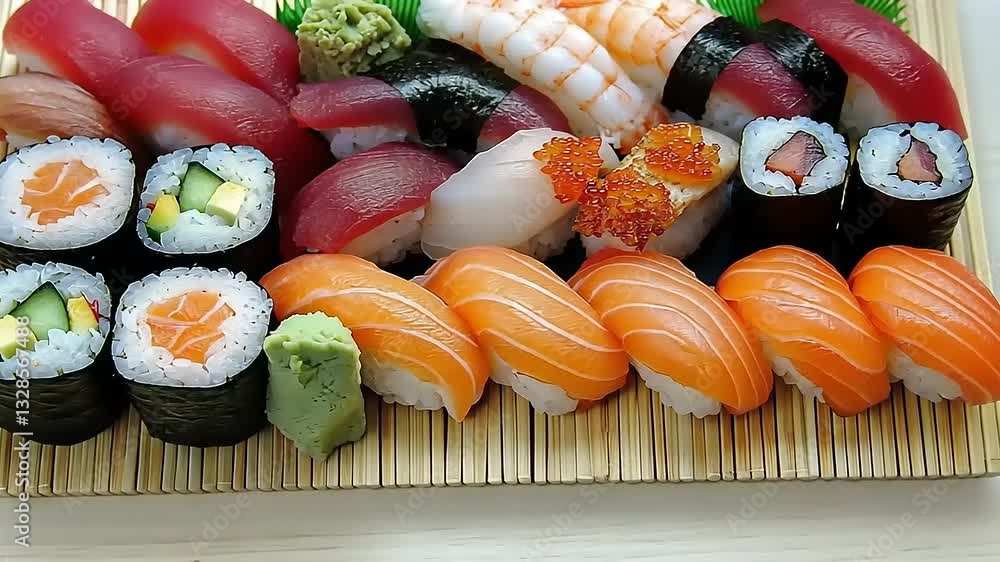 Colorful assortment of sushi rolls and sashimi arranged on a bamboo mat with garnishes in background