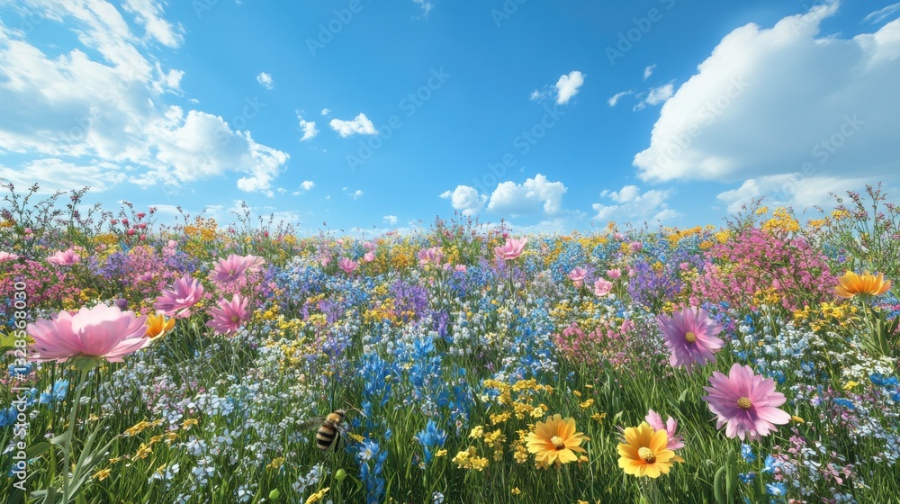 A vibrant field of colorful wildflowers under a bright blue sky with fluffy clouds, creating a picturesque and serene landscape. A vibrant field of colorful wildflowers under a bright blue sky with fluffy clouds, creating a picturesque and serene landscape.
