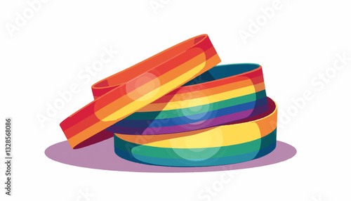 Rainbow wristbands stacked on a purple surface