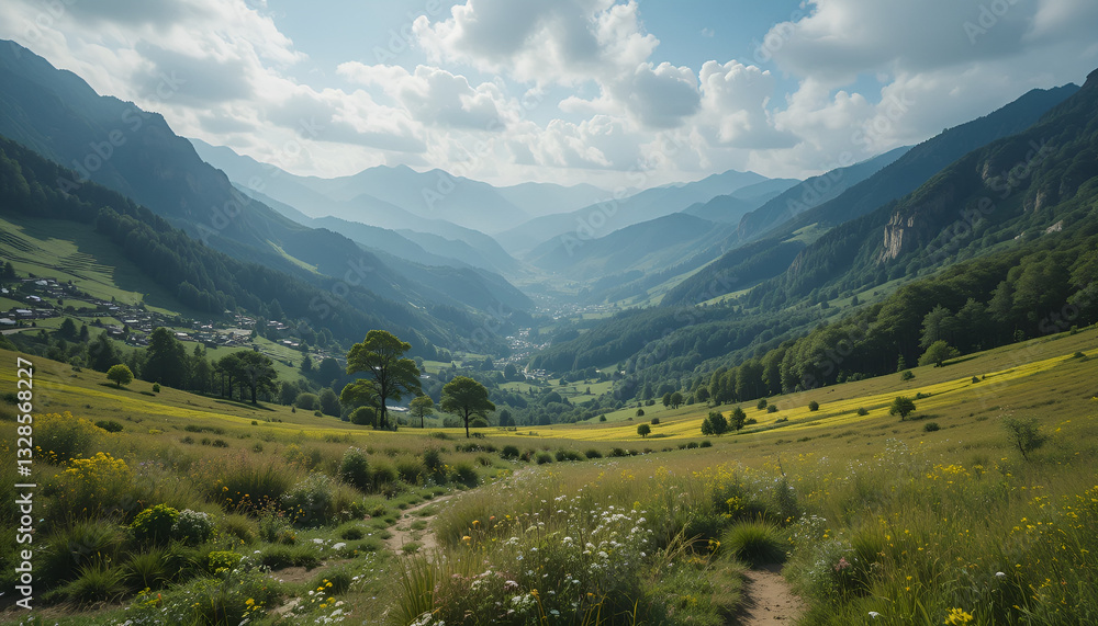 Fototapeta premium Summer Mountain Landscape in the Alps with Green Valleys, Snow-Capped Peaks, and Clear Sky