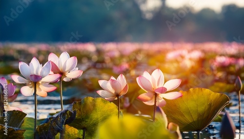 focus range of lotus flowers in a beautiful natural pond