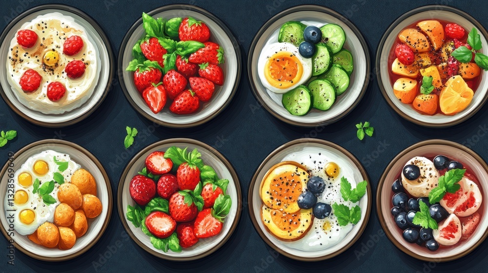Delicious assortment of diverse fruit and yogurt dishes with fresh garnishes Delicious assortment of diverse fruit and yogurt dishes with fresh garnishes