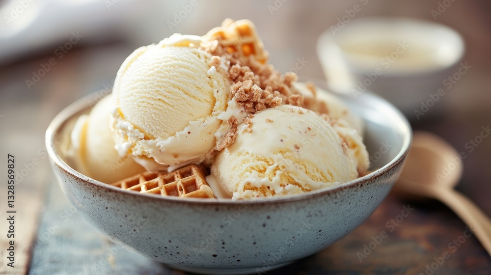 Bubble Waffle with Creamy Ice Cream Topped with Crispy Golden Texture Bubble Waffle with Creamy Ice Cream Topped with Crispy Golden Texture