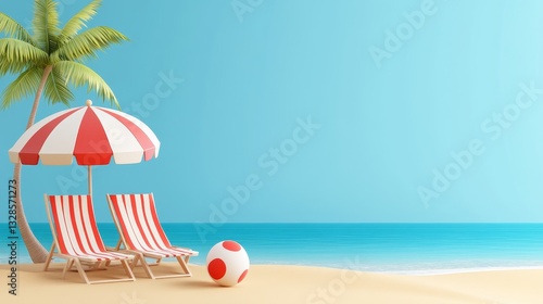 Colorful Beach Scene with Umbrella, Chairs, Ball, and Tropical Palm Tree Under Clear Blue Sky