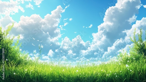 Sunny day with fluffy clouds and green grass under blue sky