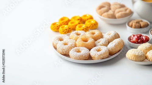 Decorative platter of indian festive diwali sweets including donuts and a cup of tea for celebratory enjoyment