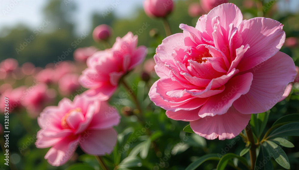 Fototapeta premium Beautiful blooming pink peonies in a sunny garden setting