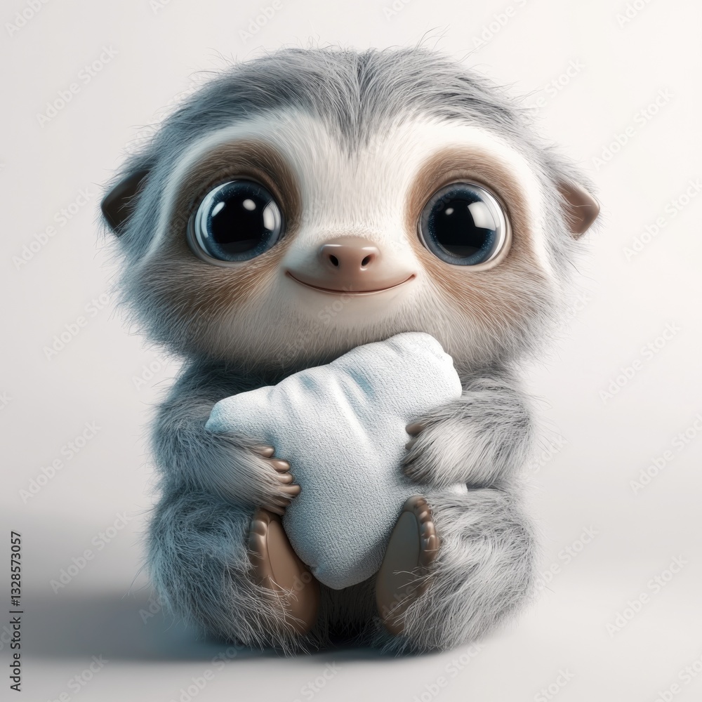 Fototapeta premium An adorable furry sloth hugging a soft heart shaped pillow