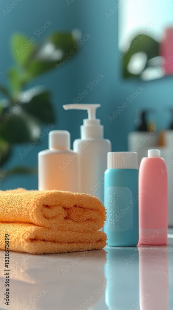 Close up of bathroom essentials two yellow towels, light blue and pink bottles, and white pump bottles, set against a blurred teal background. Close up of bathroom essentials two yellow towels, light blue and pink bottles, and white pump bottles, set against a blurred teal background.