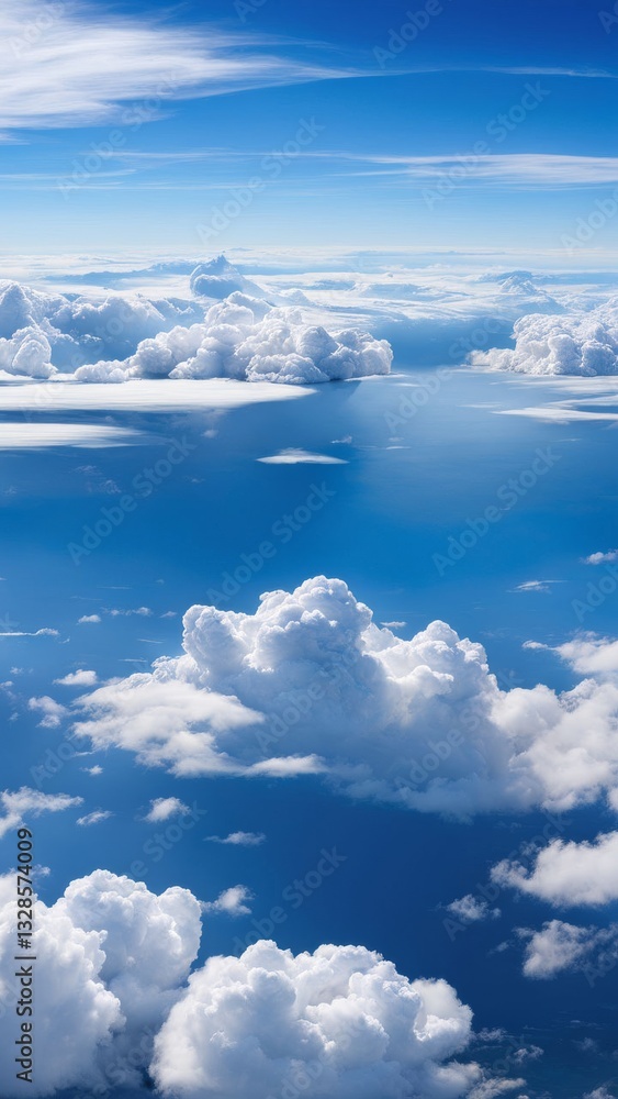 Aerial view of cumulus clouds over blue sky, soft white cloud formations reflecting sunlight, serene atmospheric background Aerial view of cumulus clouds over blue sky, soft white cloud formations reflecting sunlight, serene atmospheric background