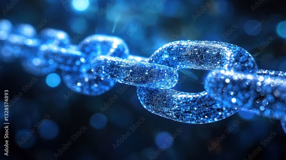 Glowing blue digital blockchain network chain links close-up in abstract background Glowing blue digital blockchain network chain links close-up in abstract background