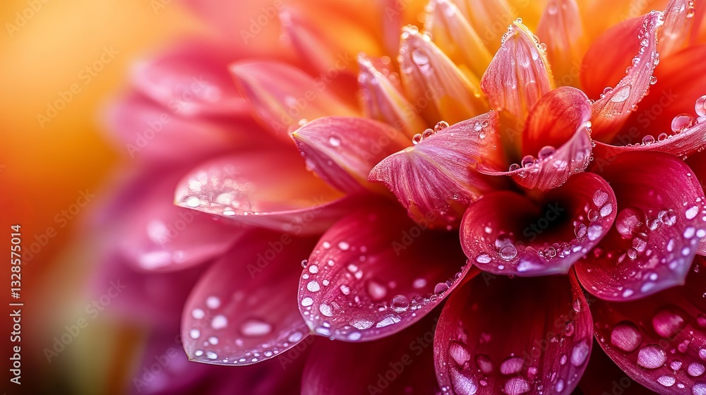 Fototapeta premium Close-up of a dahlia flower with water drops. Soft focus. Colorful chrysanthemum up close. Bright floral background for summer and spring.
