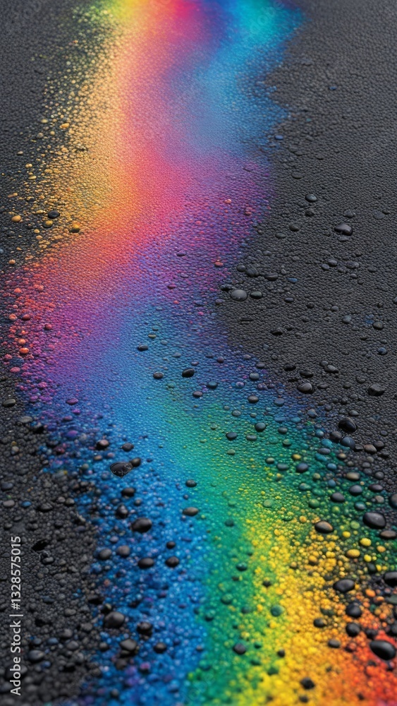 Fototapeta premium Rainbow oil slick on wet asphalt with water droplets creating colorful abstract texture