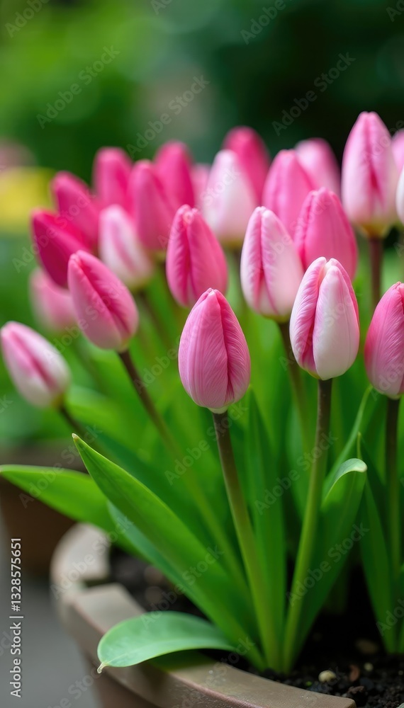 Fototapeta premium Colorful pink and white flower buds in a garden container, white, blossoms