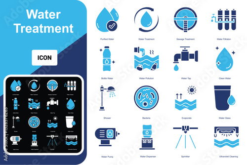 Water Treatment Icons Set, water treatment, save water, water bottle and more. line icon style. essential element illustration
