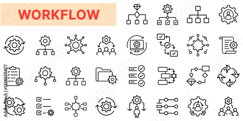 Workflow and Process Management Line Icons Set – Automation, Task Flow, Business Operations, Project Planning, Process Optimization, Productivity, System Efficiency